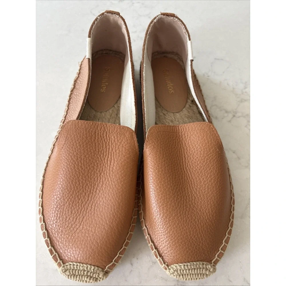 Soludos Espadrilles Camel Brown Leather Platform Slip On Sandal 8 Smoking Shoe